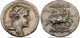 BACTRIAN KINGDOM. Eucratides I the Great (ca. 170-145 BC). AR drachm (19mm, 4.17 gm, 12h). NGC Choice XF 5/5 - 3/5, scratches. Diademed, draped bust o...