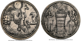 SASANIAN KINGDOM. Bahram (Varhran) II (AD 276-293). AR drachm (28mm, 3.71 gm, 2h). NGC AU 4/5 - 3/5. Jugate right busts of Bahram, wearing winged crow...