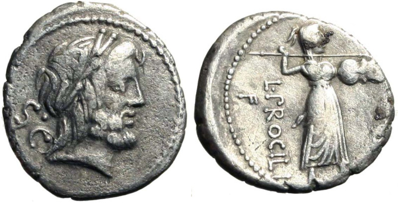 PROCILIA. L. Procilius f. (80 a. C.) Denario. Testa laur. di Giove a ds. R/ Iuno...