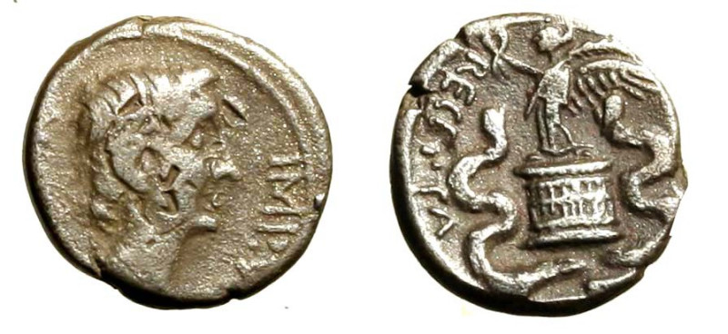 AUGUSTO (27 a. C. - 14 d.C). Quinario per Brindisi o Roma. D/ Testa di Augusto a...