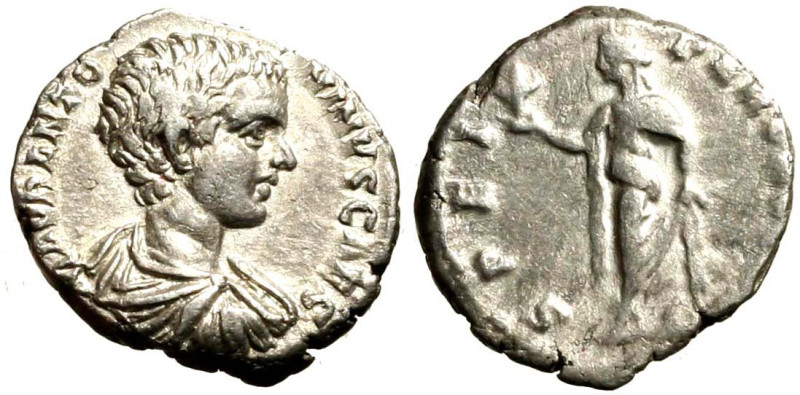 CARACALLA (211-217) Denario. D/ Busto giovanile nudo a ds. R/ Spes in cammino ve...