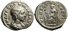 JULIA SOEMIA (moglie di ) Denario. D/ Busto diad. a ds. R/ Venus Caelestis seduta a sn.; davanti a lei, un bimbo. AR (g. 2,41 mm. 20) C 14 (3f.); RIC ...