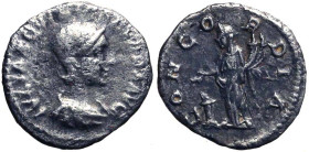 AQUILIA SEVERA (moglie di ) Denario. D/ Busto diad. a ds. R/ Concordia stante a sn.. AR (g. 2,51 mm. 18) C. 2; RIC 225. Molto raro MB