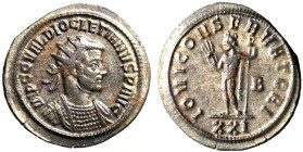 DIOCLEZIANO (293-296 Antoniniano per Siscia D/ Busto rad. a ds. R/ Giove stante a sn. con fulmine e asta; nel campo, lettera B. AE arg (g. 3,31 mm. 23...