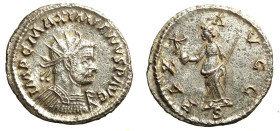 MASSIMIANO ERCOLE (286-305) Antoniniano per Lugdunum (295-297) D/ Busto rad. a ds. R/ Pax stante a sn. con globo sormontato da vittoria e asta. AE arg...