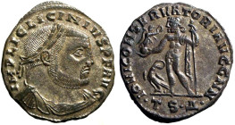 LICINIO I (312-313) Follis per Tessalonica D/ Busto laur. a ds.R/ Giove stante a sn. con globo sormontato da vittoria e asta; ai suoi piedi, un'aquila...