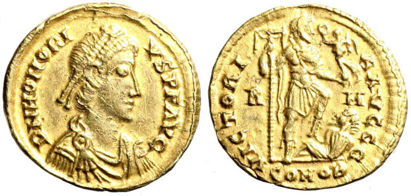 ONORIO (393-423) Solido per Roma. D/ Busto diad. a ds. R/ Onorio con globo sormo...