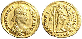 ONORIO (393-423) Solido per Roma. D/ Busto diad. a ds. R/ Onorio con globo sormontato da vittoria e stendardo calpesta un nemico caduto a ds.; nel cam...