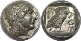 Griechische Münzen, ATTICA. Athen. Um 454-404 v. Chr. AR Tetradrachme (17,18 g. 24 mm). Vs.: Behelmter Kopf der Athene r. mit Stirnauge. Rs.: AΘE, Eul...