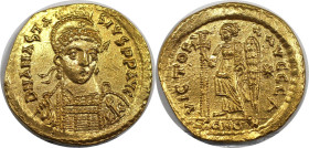 Byzantinische Münzen. Anastasius I. AV Solidus. Konstantinopel, 491-498 n. Chr. 4,39 g. 20 mm. 6 h. Vs.: D N ANASTASIVS P P AVG, Büste mit Perlendiade...