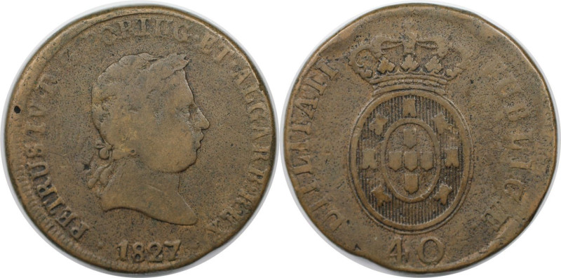 Europäische Münzen und Medaillen, Portugal. Pedro IV. 40 Reis 1827, Bronze. KM 3...