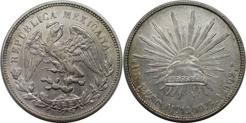 Weltmünzen und Medaillen, Mexiko / Mexico. 1 Peso 1908 Mo, Mexiko. Silber. 26,90...