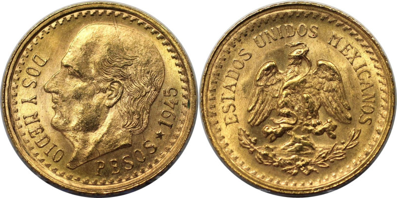 Weltmünzen und Medaillen, Mexiko / Mexico. 2 1/2 Pesos 1945. Gold. 2,10 g. KM 46...