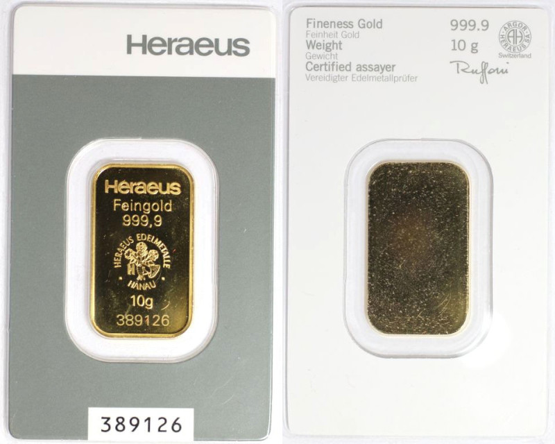 Medaillen und Jetons, Goldbarren / Gold bar. 10 g. Feingold 999,9 Heraeus Hanau....