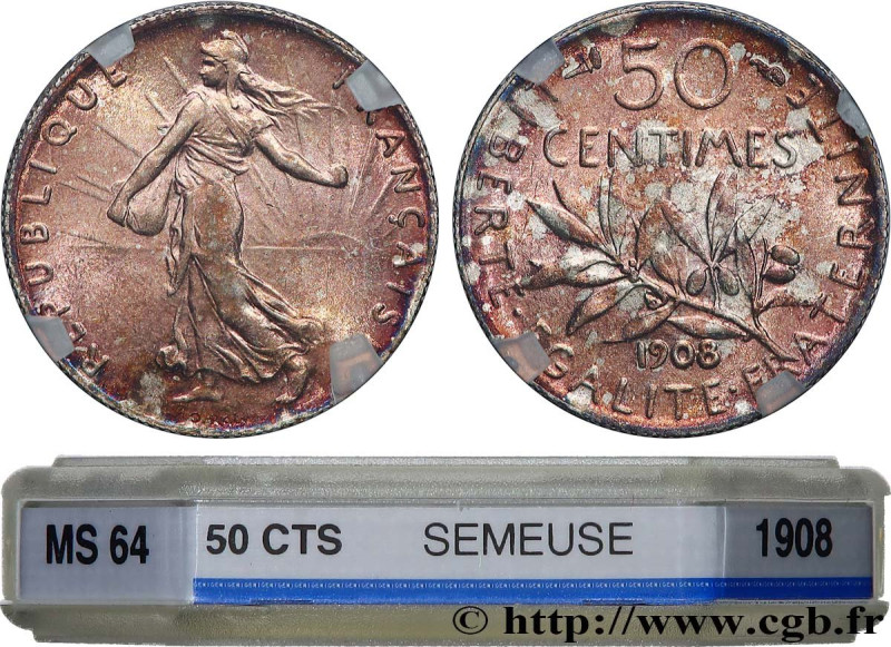 III REPUBLIC
Type : 50 centimes Semeuse 
Date : 1908 
Mint name / Town : Paris 
...