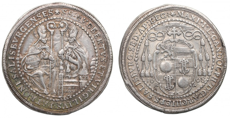 Austria, 1/2 thaler 1668, Salzburg Ślad po oprawie, gładzenie tła. Ładnie zachow...