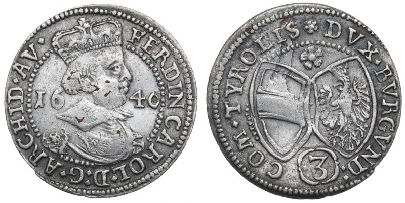 Austria, Ferdinand Carol, 3 kreuzer 1640, Hall Ładnie zachowana trzykrajcarówka....