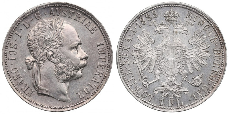 Austria, Franz Joseph I, 1 florin 1888 Okołomennicza florenówka. 
Grade: XF+/AU...