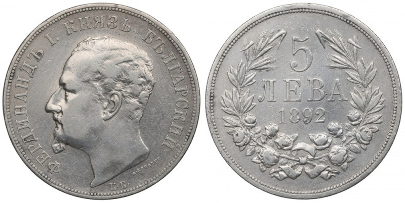 Bulgaria, 5 leva 1892 Ładny obiegowy egzemplarz. Srebro, waga 24,84 g. 
Referen...