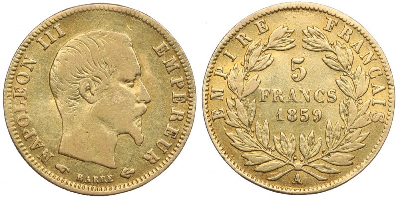 France, 5 francs 1859 Obiegowy przykład lubianej emisji. Przedostatni rocznik te...