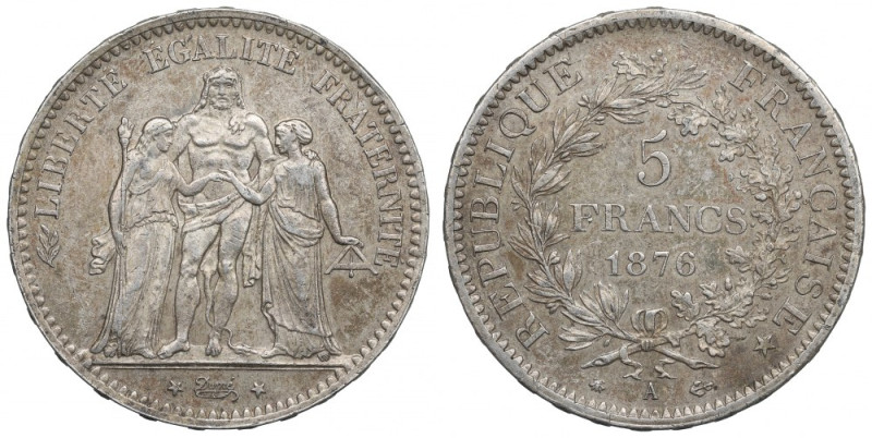 France, 5 francs 1876 Ładny, w pełni czytelny przykład lubianej emisji. 
Grade:...