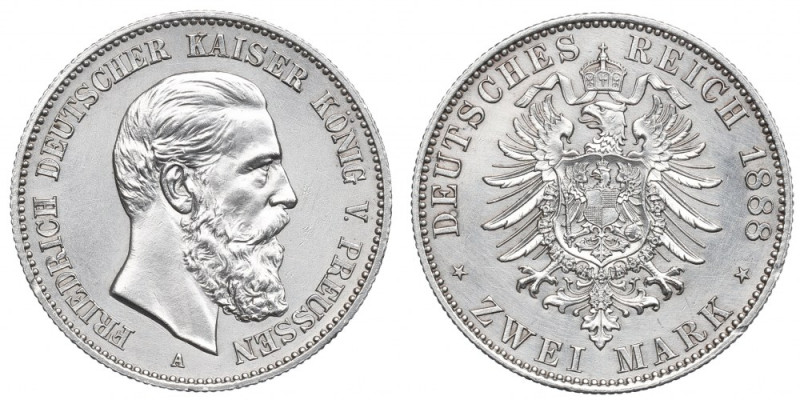 Germany, Preussen, 2 mark 1888 Piękne detale. Ryski w tle. Awers: głowa władcy w...