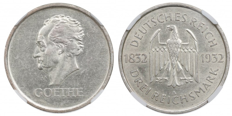 Germany, 3 mark 1932 A Goethe - NGC AU Details 3 marki wybite na 100 lecie śmier...