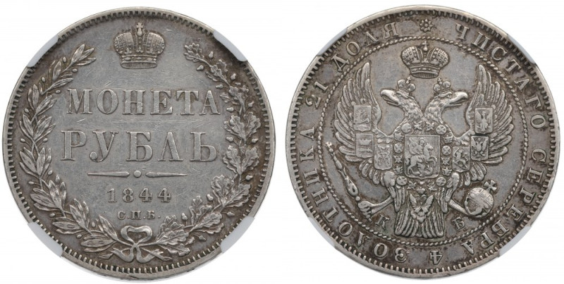 Russia, Nicholas I, Rubl 1844 - NGC AU Details Ładny, okołomenniczy egzemplarz. ...