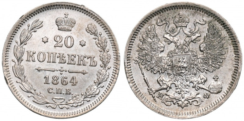 Russia, Alexander II, 20 kopecks 1864 Okołomenniczy przykład lubianej pozycji. A...