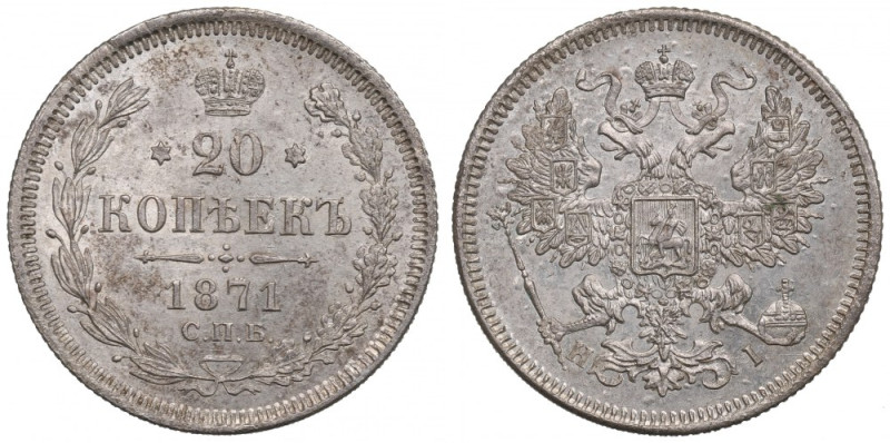 Russia, Alexander II, 20 kopecks 1871 HI Piękny menniczy egzemplarz.&nbsp; Świet...