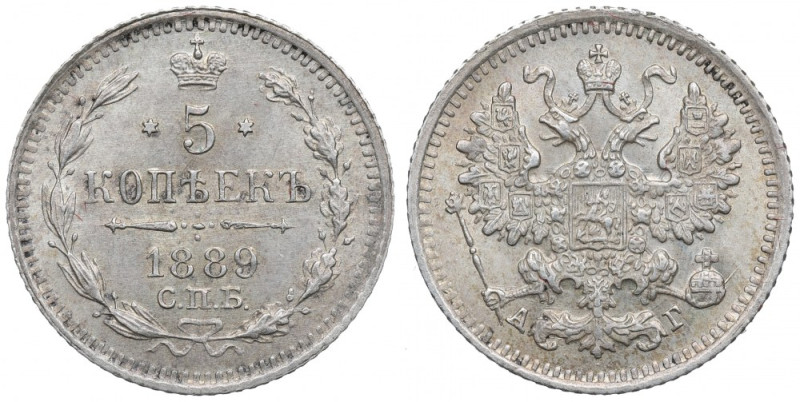 Russia, Alexander III, 5 kopecks 1889 Bardzo ładny przykład rzadszej w handlu po...