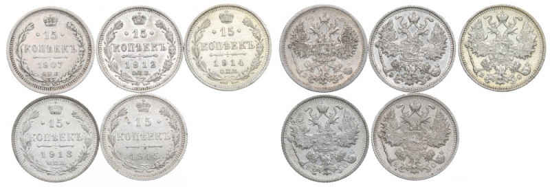 Russia, Nicholas II, Lot 15 kopecks 1907-15 Ładnie i bardzo ładnie zachowane prz...