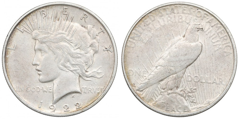 USA, 1 peace dollar 1922 Ładnie zachowany przykład lubianej emisji. Awers: orzeł...