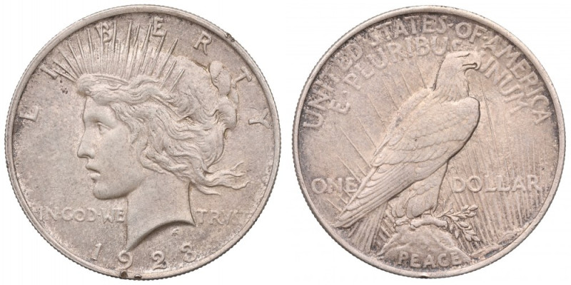 USA, Peace Dollar 1923 Bardzo dobrze zachowane detale. Uszkodzenia przy rancie. ...