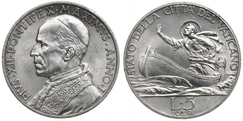 Vatican, Pius XII, 5 lire 1939 Moneta z podobizną Piusa XII wybita w 1939 roku w...