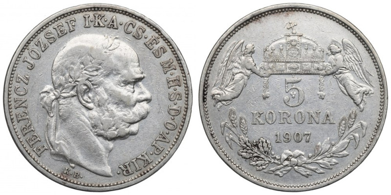 Hungary, 5 corona 1907 5 koron o ładnie zachowanych detalach z licznymi skalecze...