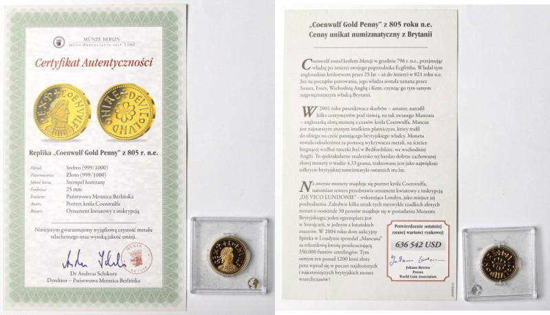 Wielka Brytania, Replika Coenwulf gold penny W zestawie certyfikat. Srebro .999,...