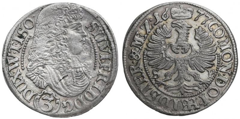 Śląsk, Księstwo Oleśnickie, Sylwiusz Fryderyk, 3 krajcary 1677 SP, Oleśnica Ładn...