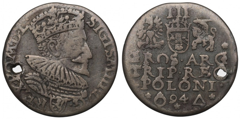 Sigismund III Vasa, 3 groschen 1594, Marienburg Obiegowy egzemplarz z otworem. A...