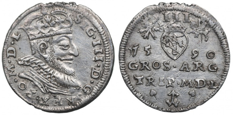 Sigismund III, 3 groschen 1590, Vilnius Ładne detale. Liczne uszkodzenia tła. Re...