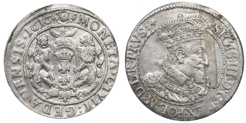 Sigismund III, 18 groschen 1616, Danzig Ładny egzemplarz. Wada blachy. Odmiana z...