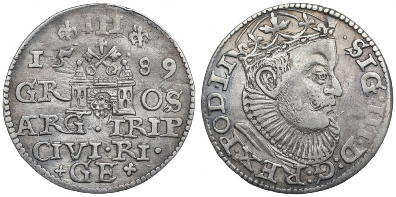 Sigismund III, 3 groschen 1589, Riga Ładny egzemplarz, ślad po oprawie. Awers: o...