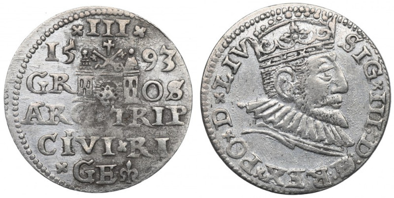 Sigismund III, 3 groschen 1593, Riga Ładny egzemplarz. Nieopisany u Igera warian...