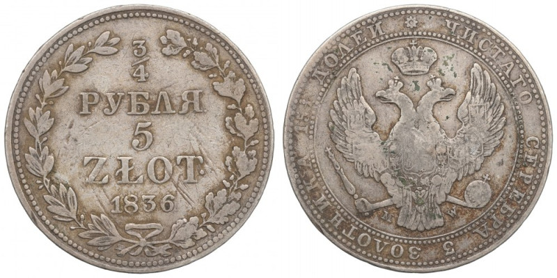 Poland under Russia, Nicholas I, 3/4 rouble=5 zloty 1836 MW, Warsaw Obiegowy egz...