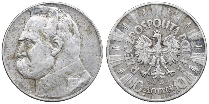 II Republic of Poland, 10 zloty 1934 Pilsudski Obiegowy egzemplarz. Nominał wpro...