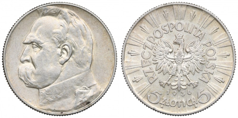 II Republic of Poland, 5 zloty 1936 Pilsudski Sporo zachowanego połysku w tle. P...