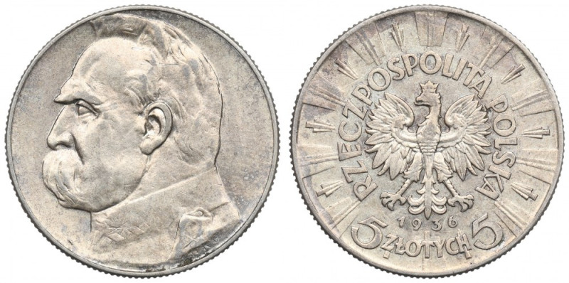 II Republic of Poland, 5 zloty 1936 Pilsudski Sporo zachowanego połysku w tle. P...