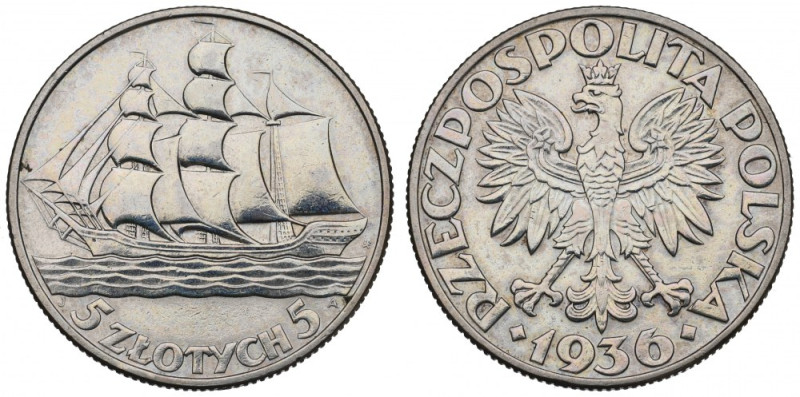 II Republic of Poland, 5 zloty 1936 Ship Ładnie zachowana piątka. Wybłyszczenie....