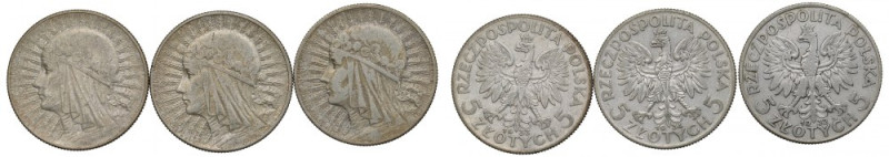 II RP, Zestaw 5 złotych 1932-34 Głowa kobiety Komplet rocznikowy.