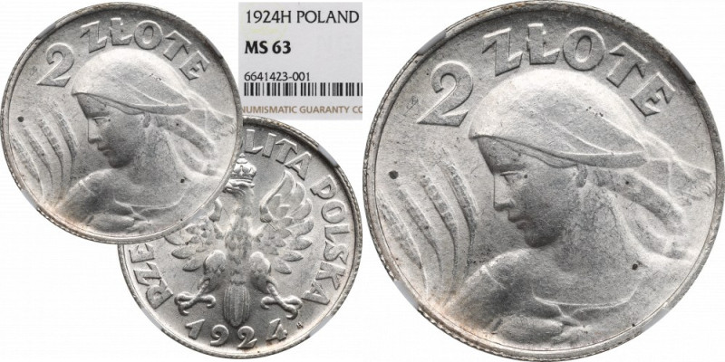 II RP, 2 złote 1924 (literka H), Birmingam Kobieta i kłosy - NGC MS63 Piękny, me...